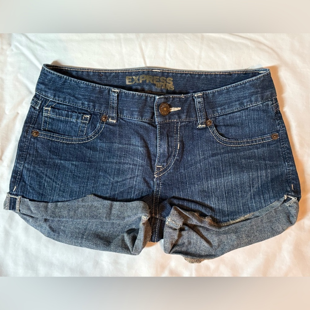 Express Low Rise Dark Blue Jean Shorts (Size 00)